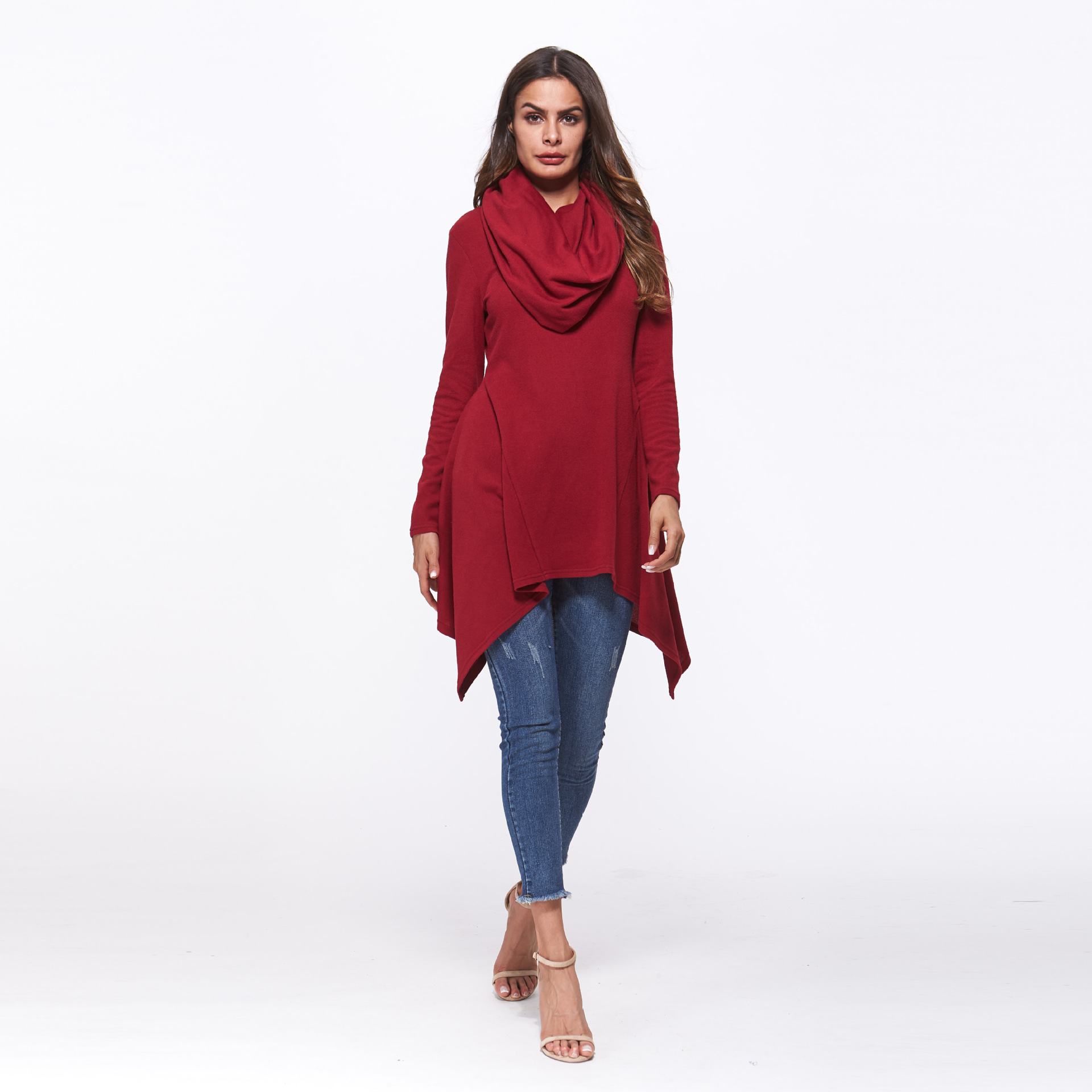 SZ60181-1 asymmetrical sweater dress for women cowl neck hooded knitwear